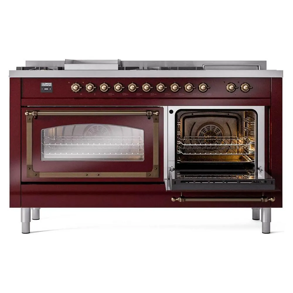 Ilve UN60FSNMPBUBLP Ilve Un60Fsnmpbublp Nostalgie Ii Noblesse 60" Dual Fuel Range (7 Sealed Burners   Griddle   French Top, Liquid Propane, Triple Glass Door, Burgundy, Burnished)