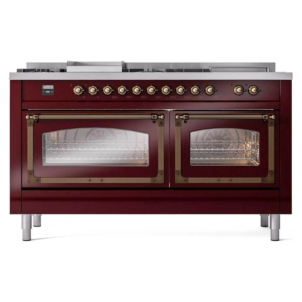 Ilve UN60FSNMPBUBLP Ilve Un60Fsnmpbublp Nostalgie Ii Noblesse 60" Dual Fuel Range (7 Sealed Burners   Griddle   French Top, Liquid Propane, Triple Glass Door, Burgundy, Burnished)