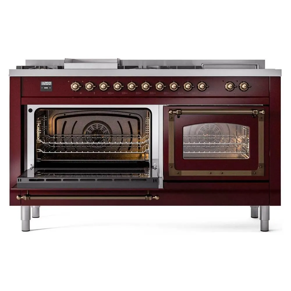 Ilve UN60FSNMPBUBLP Ilve Un60Fsnmpbublp Nostalgie Ii Noblesse 60" Dual Fuel Range (7 Sealed Burners   Griddle   French Top, Liquid Propane, Triple Glass Door, Burgundy, Burnished)