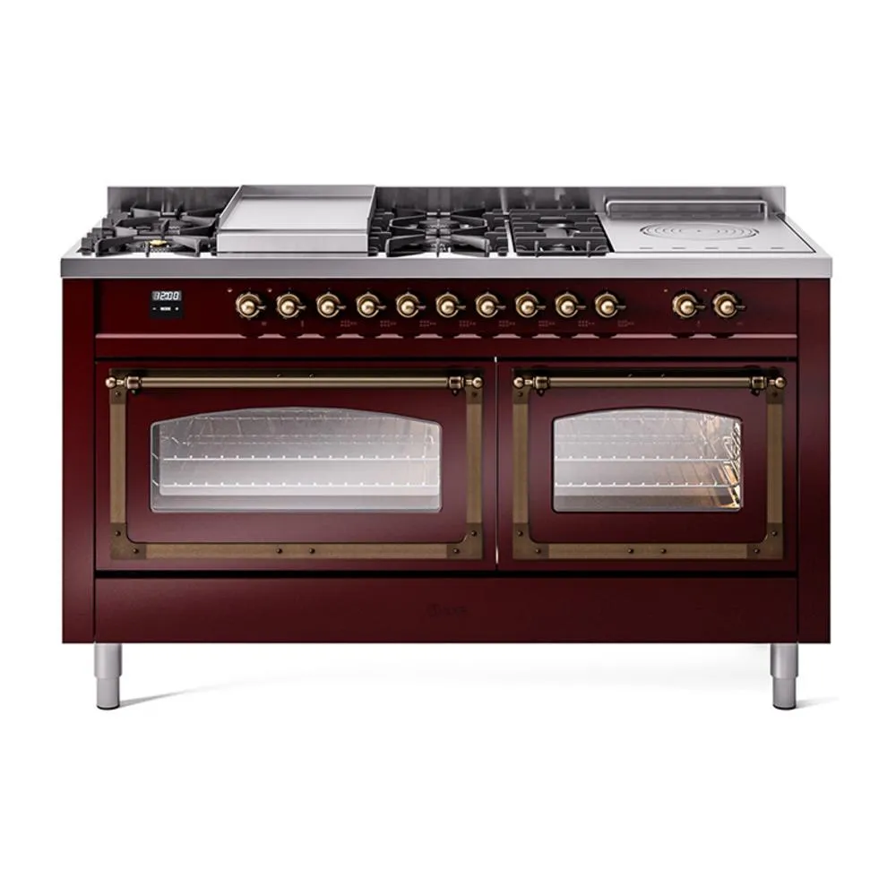 Ilve UN60FSNMPBUBLP Ilve Un60Fsnmpbublp Nostalgie Ii Noblesse 60" Dual Fuel Range (7 Sealed Burners   Griddle   French Top, Liquid Propane, Triple Glass Door, Burgundy, Burnished)