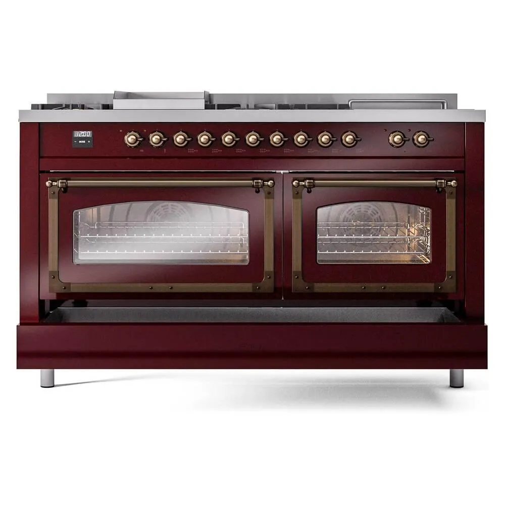 Ilve UN60FSNMPBUBLP Ilve Un60Fsnmpbublp Nostalgie Ii Noblesse 60" Dual Fuel Range (7 Sealed Burners   Griddle   French Top, Liquid Propane, Triple Glass Door, Burgundy, Burnished)