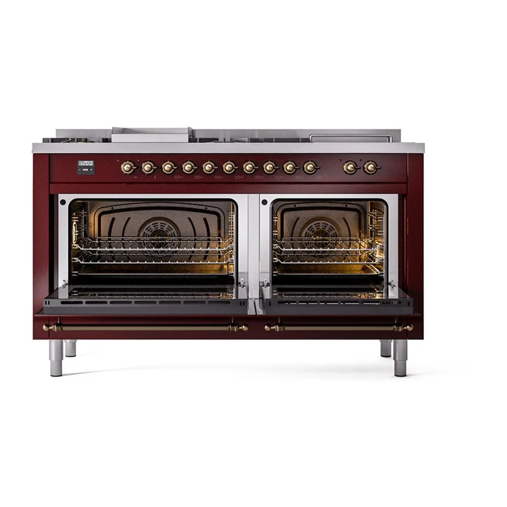 Ilve UN60FSNMPBUBLP Ilve Un60Fsnmpbublp Nostalgie Ii Noblesse 60" Dual Fuel Range (7 Sealed Burners   Griddle   French Top, Liquid Propane, Triple Glass Door, Burgundy, Burnished)
