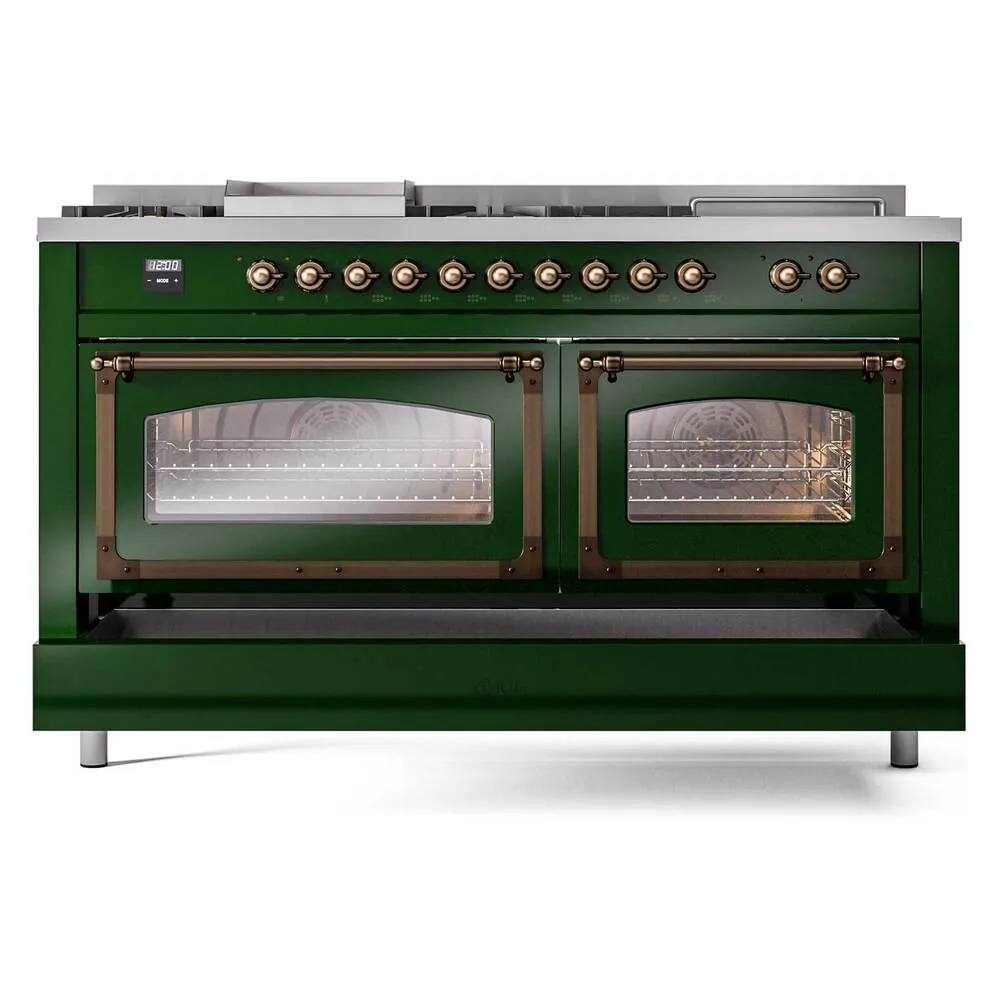 Ilve UN60FSNMPEGB Ilve Un60Fsnmpegb Nostalgie Ii Noblesse 60" Dual Fuel Range (7 Sealed Burners   Griddle   French Top, Natural Gas, Triple Glass Door, Emerald Green, Burnished)