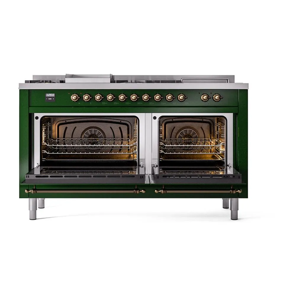 Ilve UN60FSNMPEGB Ilve Un60Fsnmpegb Nostalgie Ii Noblesse 60" Dual Fuel Range (7 Sealed Burners   Griddle   French Top, Natural Gas, Triple Glass Door, Emerald Green, Burnished)
