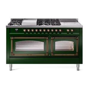 Ilve UN60FSNMPEGB Ilve Un60Fsnmpegb Nostalgie Ii Noblesse 60" Dual Fuel Range (7 Sealed Burners   Griddle   French Top, Natural Gas, Triple Glass Door, Emerald Green, Burnished)