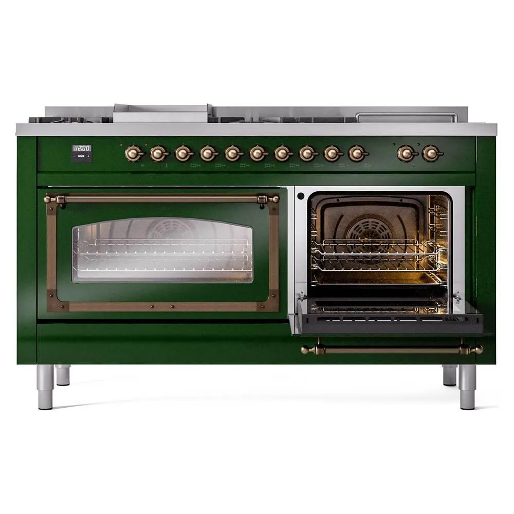 Ilve UN60FSNMPEGBLP Ilve Un60Fsnmpegblp Nostalgie Ii Noblesse 60" Dual Fuel Range (7 Sealed Burners   Griddle   French Top, Liquid Propane, Triple Glass Door, Emerald Green, Burnished)