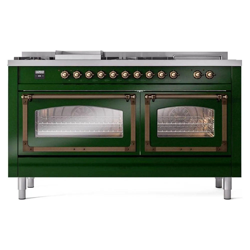Ilve UN60FSNMPEGBLP Ilve Un60Fsnmpegblp Nostalgie Ii Noblesse 60" Dual Fuel Range (7 Sealed Burners   Griddle   French Top, Liquid Propane, Triple Glass Door, Emerald Green, Burnished)