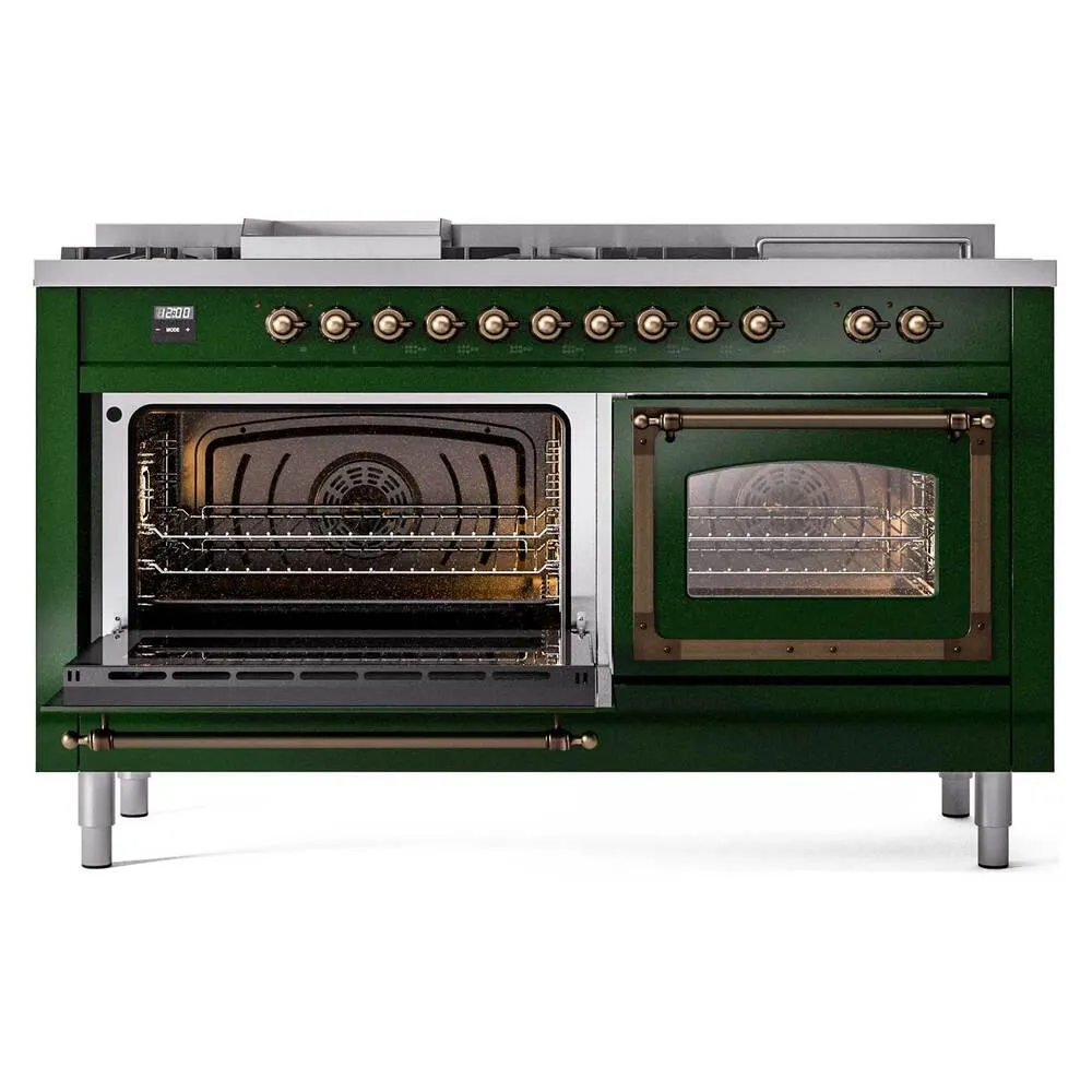 Ilve UN60FSNMPEGBLP Ilve Un60Fsnmpegblp Nostalgie Ii Noblesse 60" Dual Fuel Range (7 Sealed Burners   Griddle   French Top, Liquid Propane, Triple Glass Door, Emerald Green, Burnished)