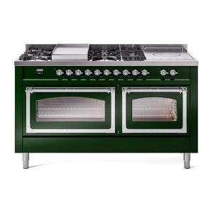 Ilve UN60FSNMPEGC Ilve Un60Fsnmpegc Nostalgie Ii Noblesse 60" Dual Fuel Range (7 Sealed Burners   Griddle   French Top, Natural Gas, Triple Glass Door, Emerald Green, Chrome)