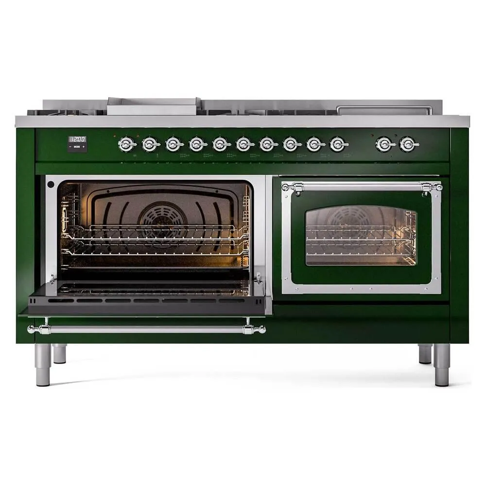 Ilve UN60FSNMPEGCLP Ilve Un60Fsnmpegclp Nostalgie Ii Noblesse 60" Dual Fuel Range (7 Sealed Burners   Griddle   French Top, Liquid Propane, Triple Glass Door, Emerald Green, Chrome)