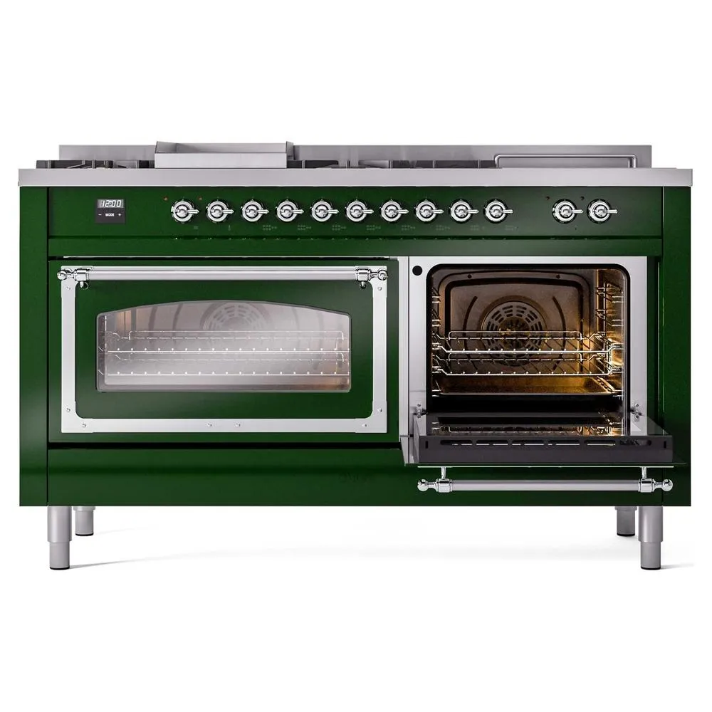 Ilve UN60FSNMPEGCLP Ilve Un60Fsnmpegclp Nostalgie Ii Noblesse 60" Dual Fuel Range (7 Sealed Burners   Griddle   French Top, Liquid Propane, Triple Glass Door, Emerald Green, Chrome)