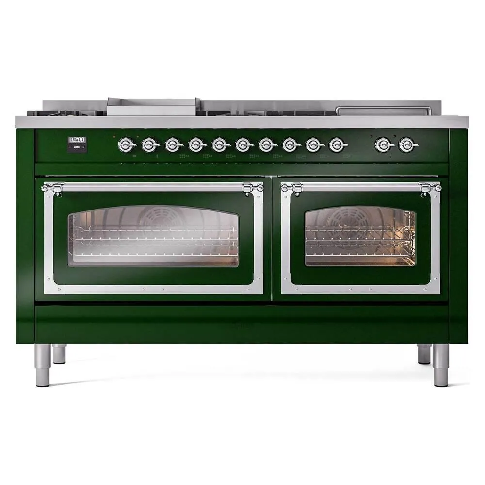 Ilve UN60FSNMPEGCLP Ilve Un60Fsnmpegclp Nostalgie Ii Noblesse 60" Dual Fuel Range (7 Sealed Burners   Griddle   French Top, Liquid Propane, Triple Glass Door, Emerald Green, Chrome)