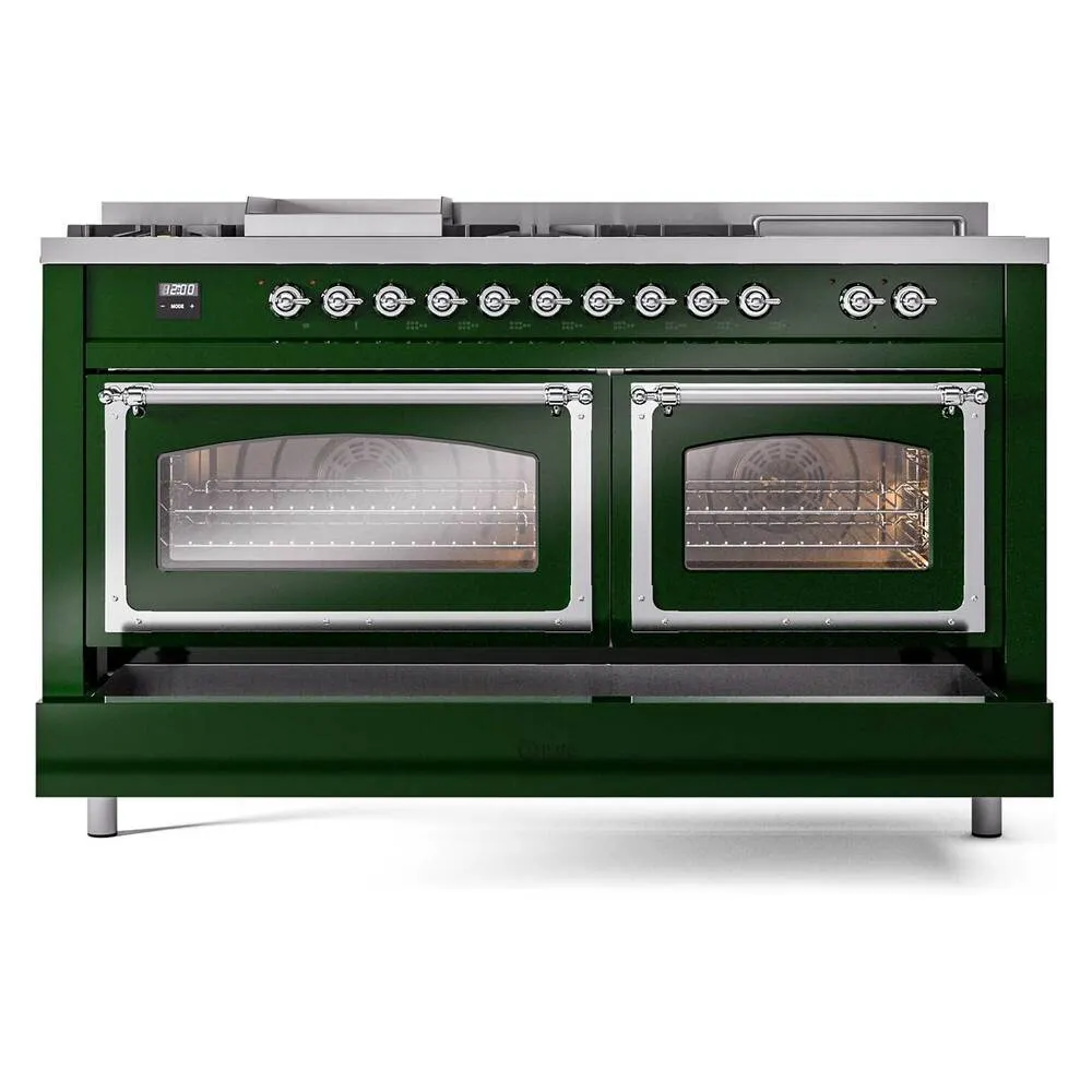 Ilve UN60FSNMPEGCLP Ilve Un60Fsnmpegclp Nostalgie Ii Noblesse 60" Dual Fuel Range (7 Sealed Burners   Griddle   French Top, Liquid Propane, Triple Glass Door, Emerald Green, Chrome)
