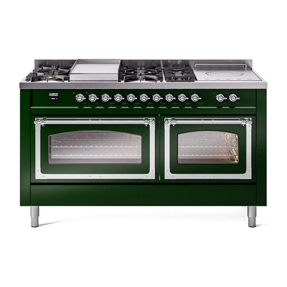 Ilve UN60FSNMPEGCLP Ilve Un60Fsnmpegclp Nostalgie Ii Noblesse 60" Dual Fuel Range (7 Sealed Burners   Griddle   French Top, Liquid Propane, Triple Glass Door, Emerald Green, Chrome)