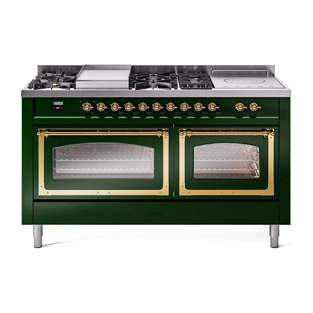 Ilve UN60FSNMPEGG Ilve Un60Fsnmpegg Nostalgie Ii Noblesse 60" Dual Fuel Range (7 Sealed Burners   Griddle   French Top, Natural Gas, Triple Glass Door, Emerald Green, Brass)