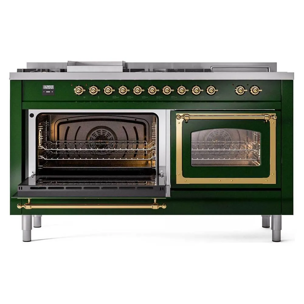 Ilve UN60FSNMPEGG Ilve Un60Fsnmpegg Nostalgie Ii Noblesse 60" Dual Fuel Range (7 Sealed Burners   Griddle   French Top, Natural Gas, Triple Glass Door, Emerald Green, Brass)