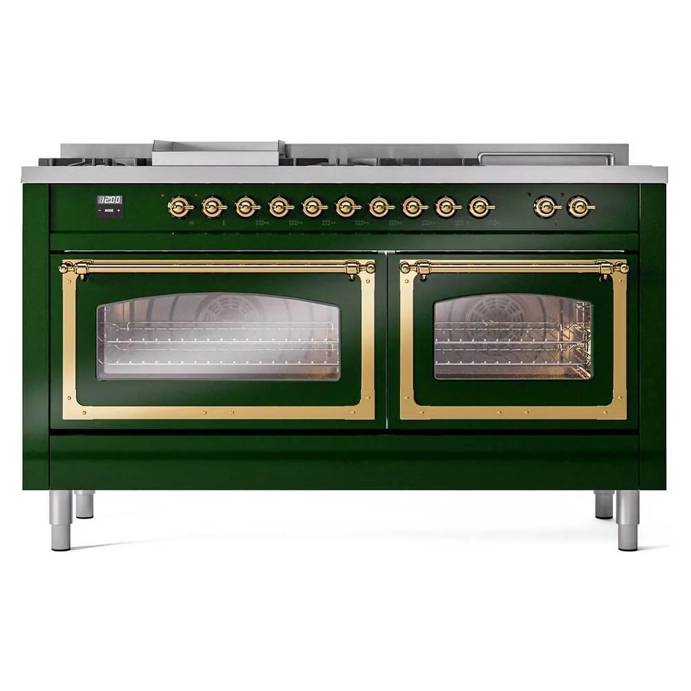 Ilve UN60FSNMPEGG Ilve Un60Fsnmpegg Nostalgie Ii Noblesse 60" Dual Fuel Range (7 Sealed Burners   Griddle   French Top, Natural Gas, Triple Glass Door, Emerald Green, Brass)