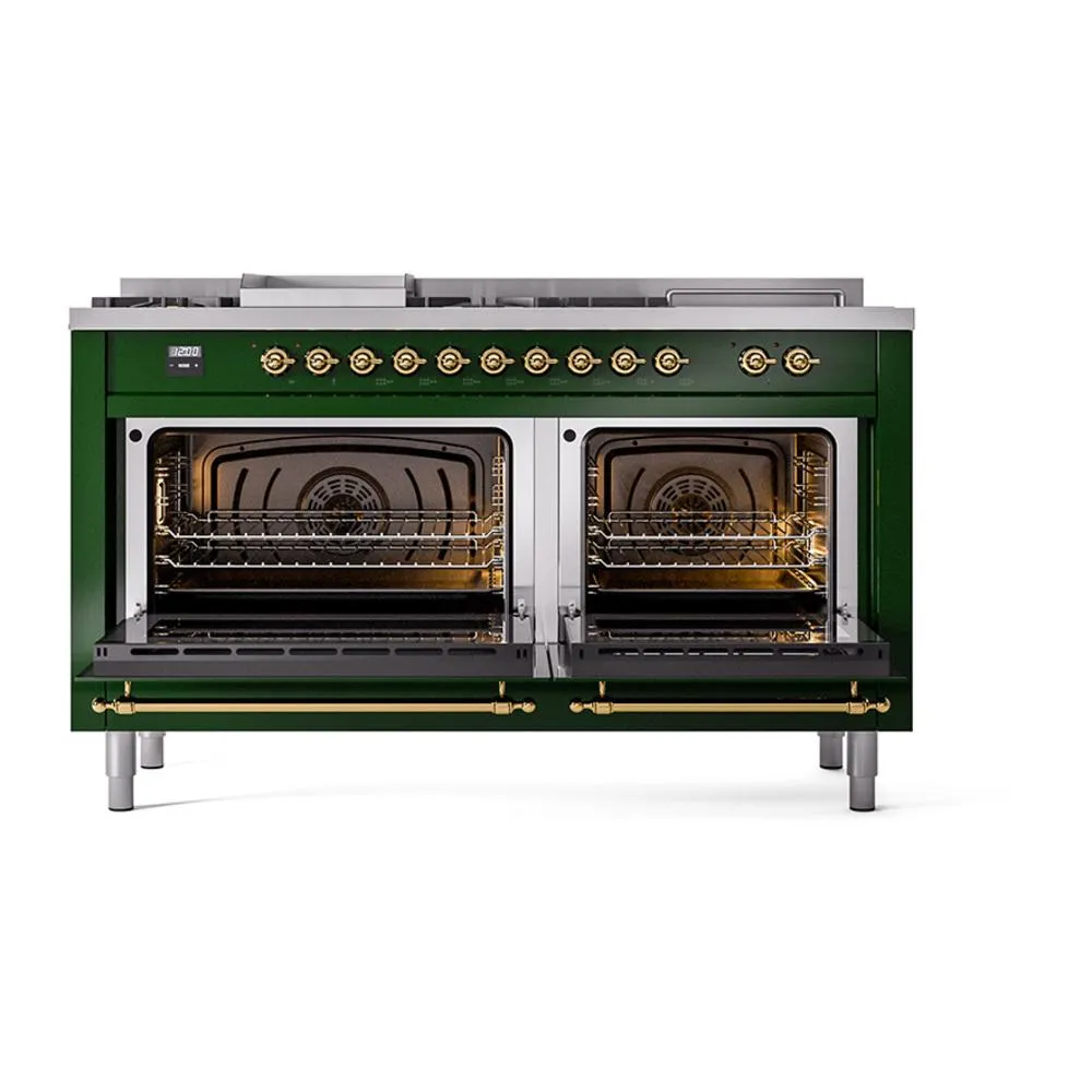 Ilve UN60FSNMPEGGLP Ilve Un60Fsnmpegglp Nostalgie Ii Noblesse 60" Dual Fuel Range (7 Sealed Burners   Griddle   French Top, Liquid Propane, Triple Glass Door, Emerald Green, Brass)