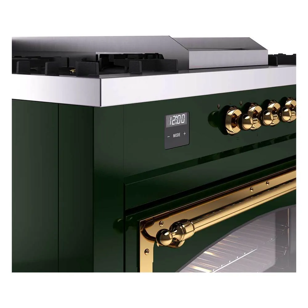 Ilve UN60FSNMPEGGLP Ilve Un60Fsnmpegglp Nostalgie Ii Noblesse 60" Dual Fuel Range (7 Sealed Burners   Griddle   French Top, Liquid Propane, Triple Glass Door, Emerald Green, Brass)