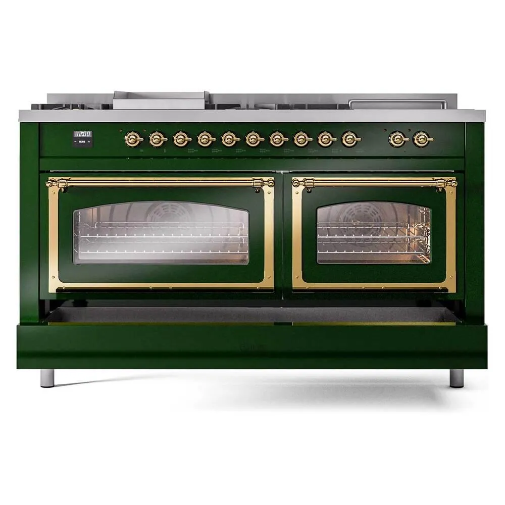 Ilve UN60FSNMPEGGLP Ilve Un60Fsnmpegglp Nostalgie Ii Noblesse 60" Dual Fuel Range (7 Sealed Burners   Griddle   French Top, Liquid Propane, Triple Glass Door, Emerald Green, Brass)