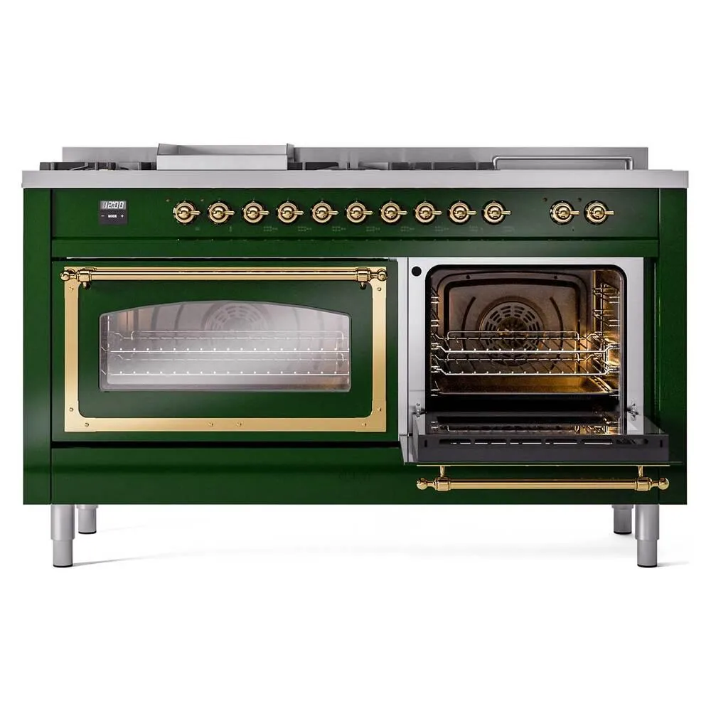 Ilve UN60FSNMPEGGLP Ilve Un60Fsnmpegglp Nostalgie Ii Noblesse 60" Dual Fuel Range (7 Sealed Burners   Griddle   French Top, Liquid Propane, Triple Glass Door, Emerald Green, Brass)