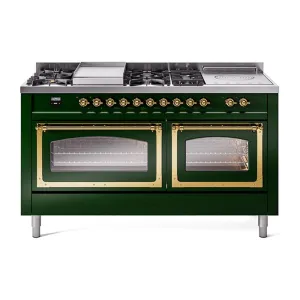 Ilve UN60FSNMPEGGLP Ilve Un60Fsnmpegglp Nostalgie Ii Noblesse 60" Dual Fuel Range (7 Sealed Burners   Griddle   French Top, Liquid Propane, Triple Glass Door, Emerald Green, Brass)