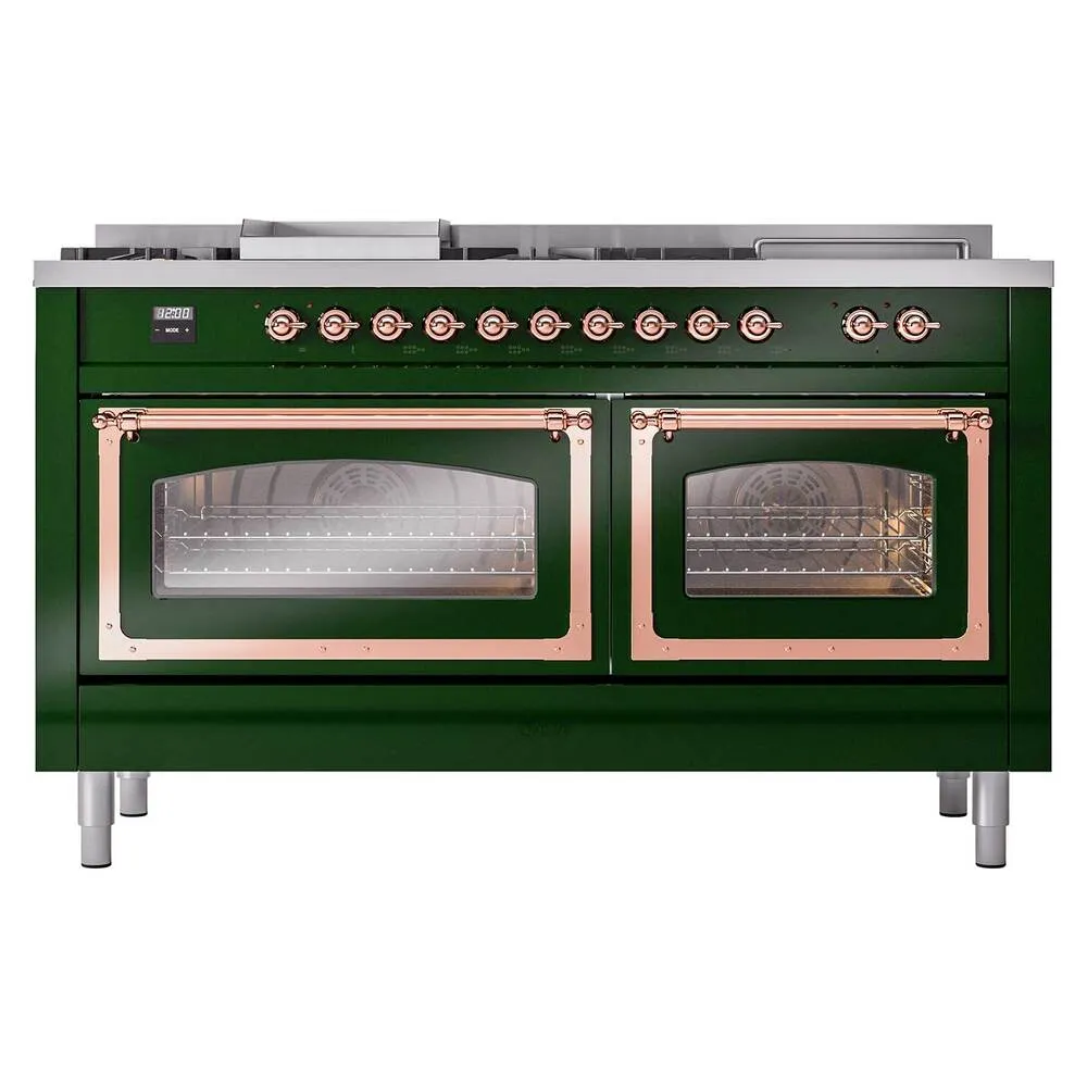 Ilve UN60FSNMPEGP Ilve Un60Fsnmpegp Nostalgie Ii Noblesse 60" Dual Fuel Range (7 Sealed Burners   Griddle   French Top, Natural Gas, Triple Glass Door, Emerald Green, Copper)