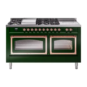 Ilve UN60FSNMPEGP Ilve Un60Fsnmpegp Nostalgie Ii Noblesse 60" Dual Fuel Range (7 Sealed Burners   Griddle   French Top, Natural Gas, Triple Glass Door, Emerald Green, Copper)