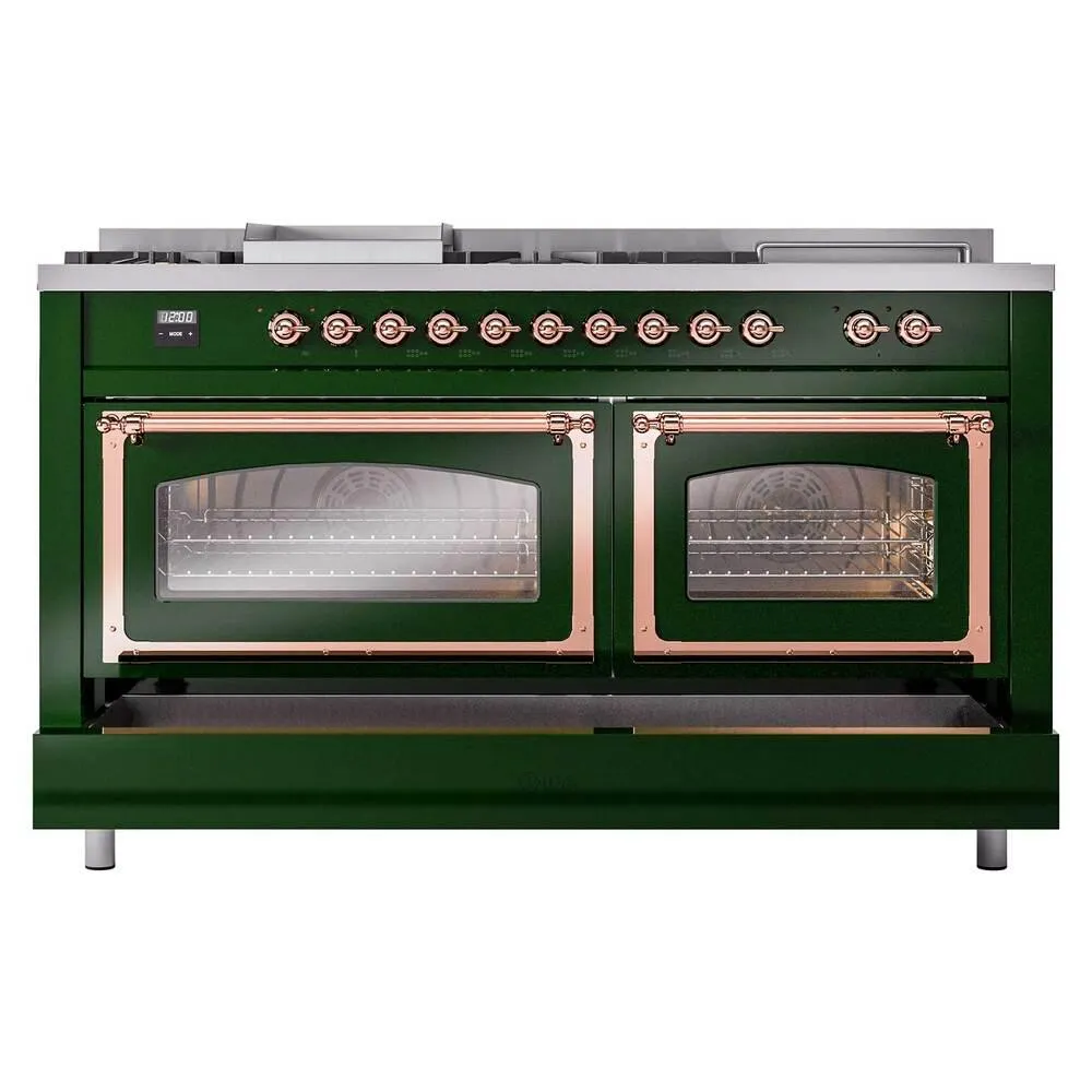 Ilve UN60FSNMPEGP Ilve Un60Fsnmpegp Nostalgie Ii Noblesse 60" Dual Fuel Range (7 Sealed Burners   Griddle   French Top, Natural Gas, Triple Glass Door, Emerald Green, Copper)