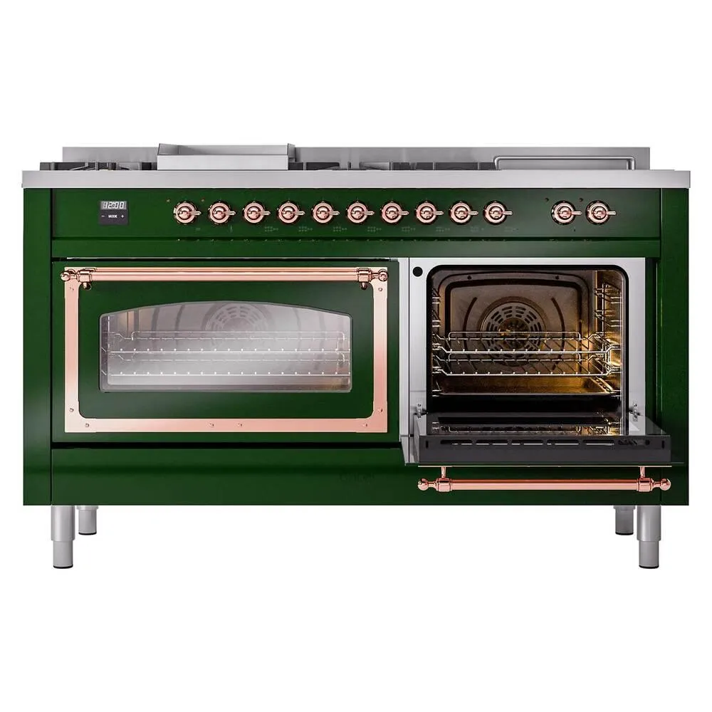 Ilve UN60FSNMPEGP Ilve Un60Fsnmpegp Nostalgie Ii Noblesse 60" Dual Fuel Range (7 Sealed Burners   Griddle   French Top, Natural Gas, Triple Glass Door, Emerald Green, Copper)