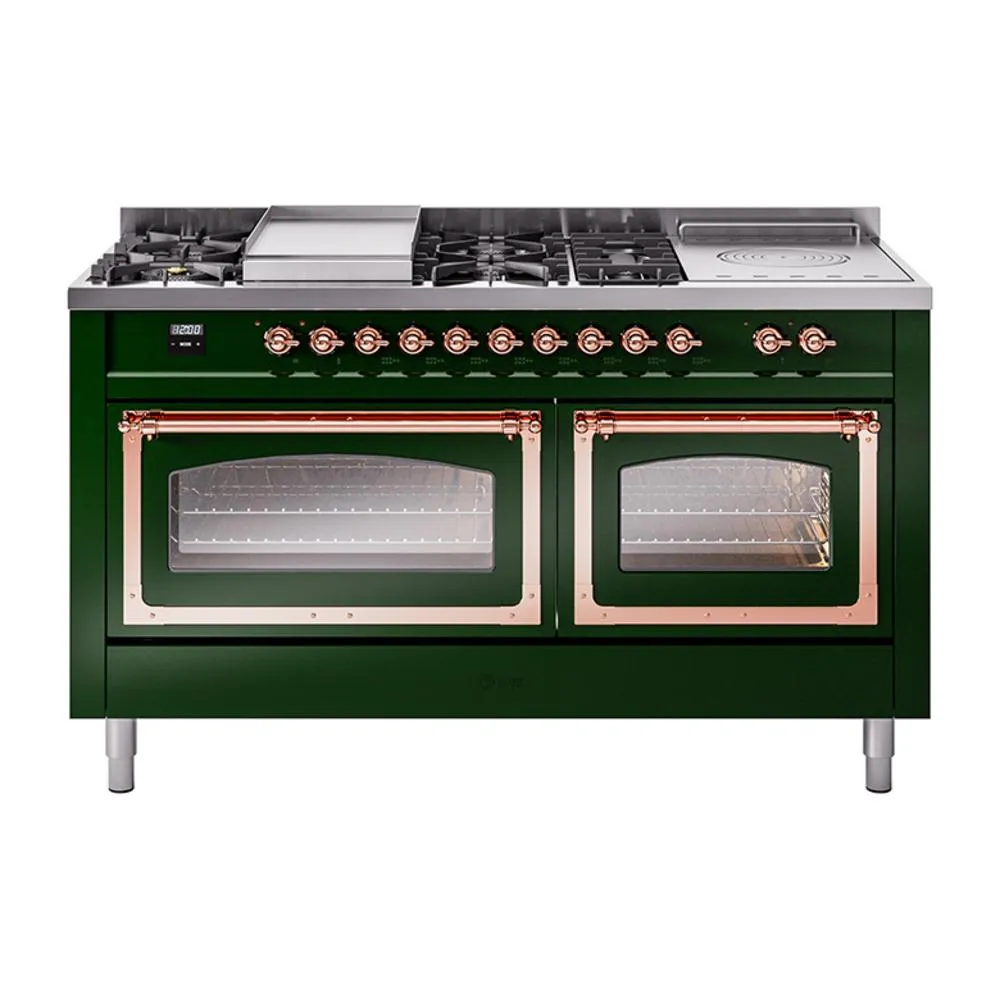 Ilve UN60FSNMPEGP Ilve Un60Fsnmpegp Nostalgie Ii Noblesse 60" Dual Fuel Range (7 Sealed Burners   Griddle   French Top, Natural Gas, Triple Glass Door, Emerald Green, Copper)