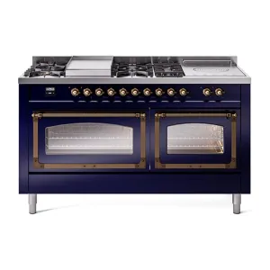 Ilve UN60FSNMPMBB Ilve Un60Fsnmpmbb Nostalgie Ii Noblesse 60" Dual Fuel Range (7 Sealed Burners   Griddle   French Top, Natural Gas, Triple Glass Door, Midnight Blue, Burnished)