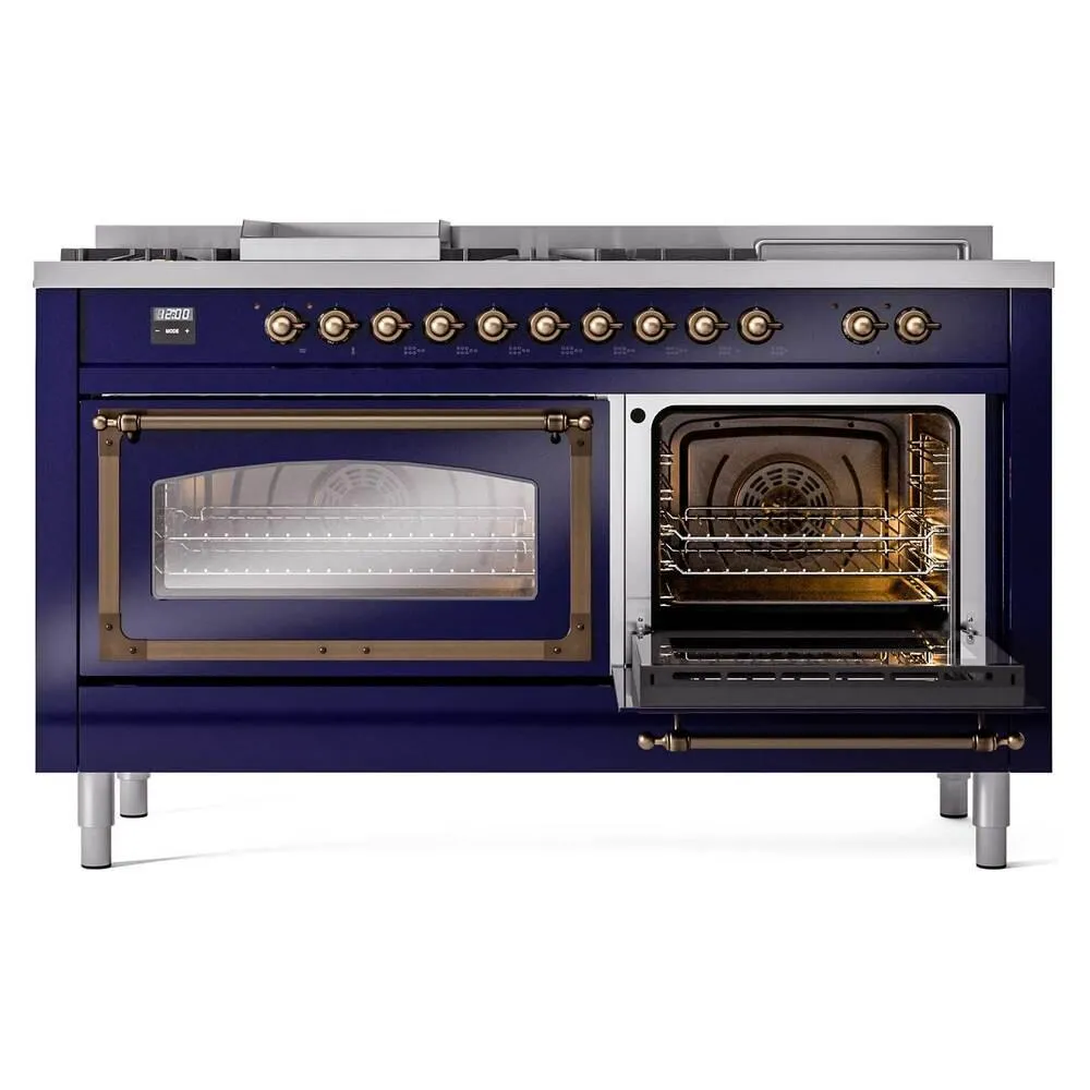 Ilve UN60FSNMPMBB Ilve Un60Fsnmpmbb Nostalgie Ii Noblesse 60" Dual Fuel Range (7 Sealed Burners   Griddle   French Top, Natural Gas, Triple Glass Door, Midnight Blue, Burnished)