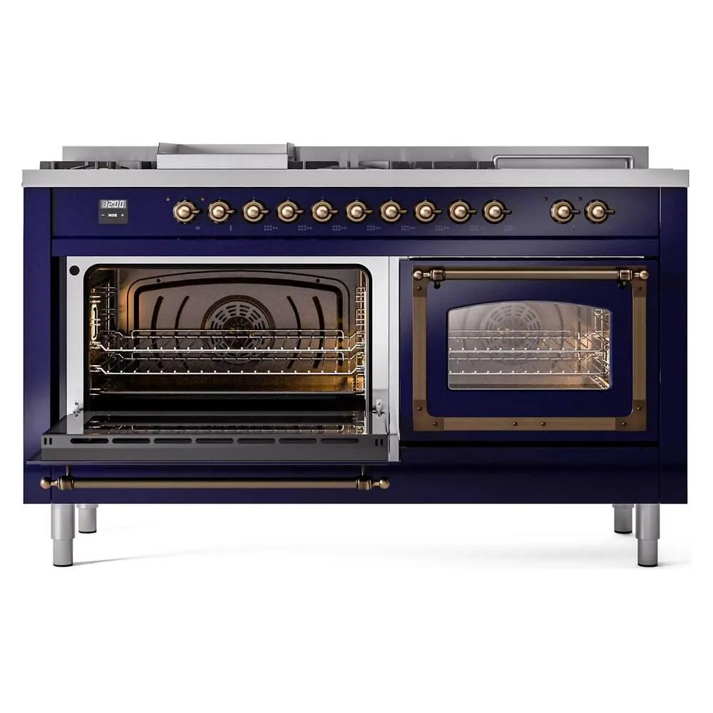 Ilve UN60FSNMPMBB Ilve Un60Fsnmpmbb Nostalgie Ii Noblesse 60" Dual Fuel Range (7 Sealed Burners   Griddle   French Top, Natural Gas, Triple Glass Door, Midnight Blue, Burnished)