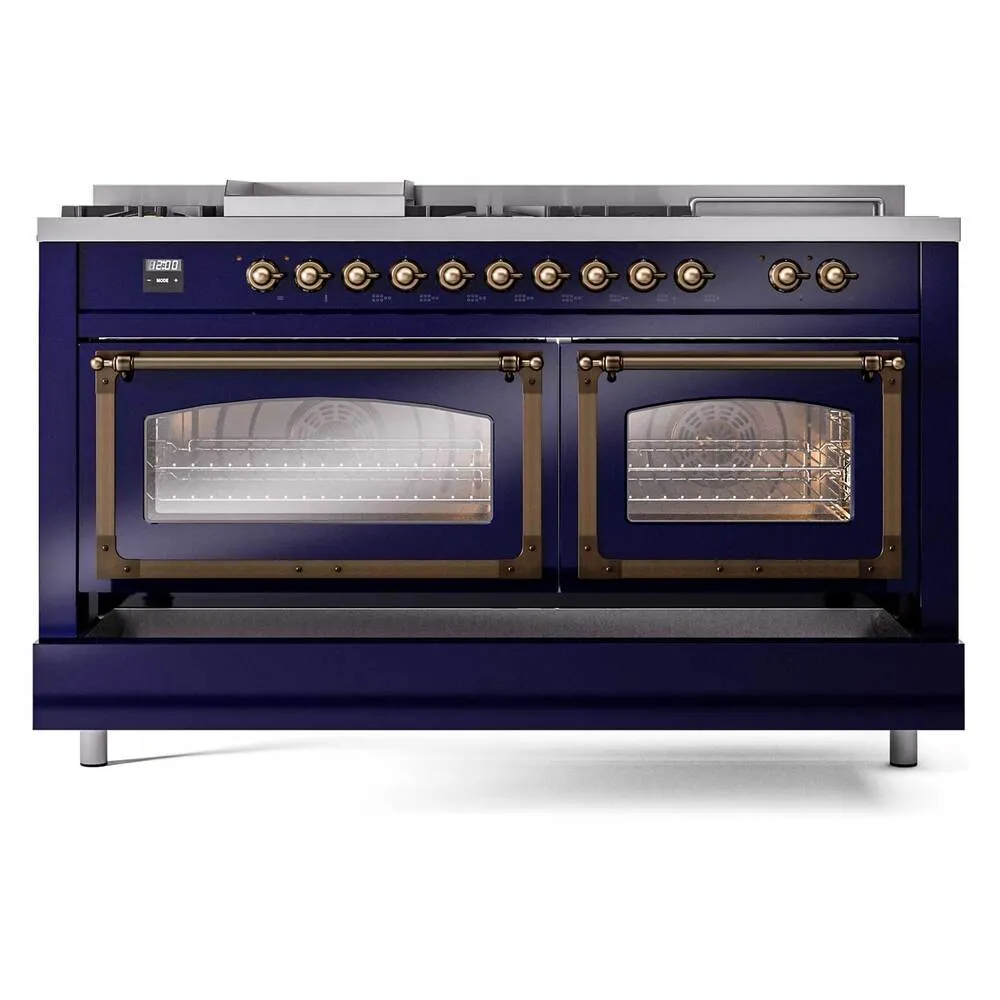 Ilve UN60FSNMPMBB Ilve Un60Fsnmpmbb Nostalgie Ii Noblesse 60" Dual Fuel Range (7 Sealed Burners   Griddle   French Top, Natural Gas, Triple Glass Door, Midnight Blue, Burnished)