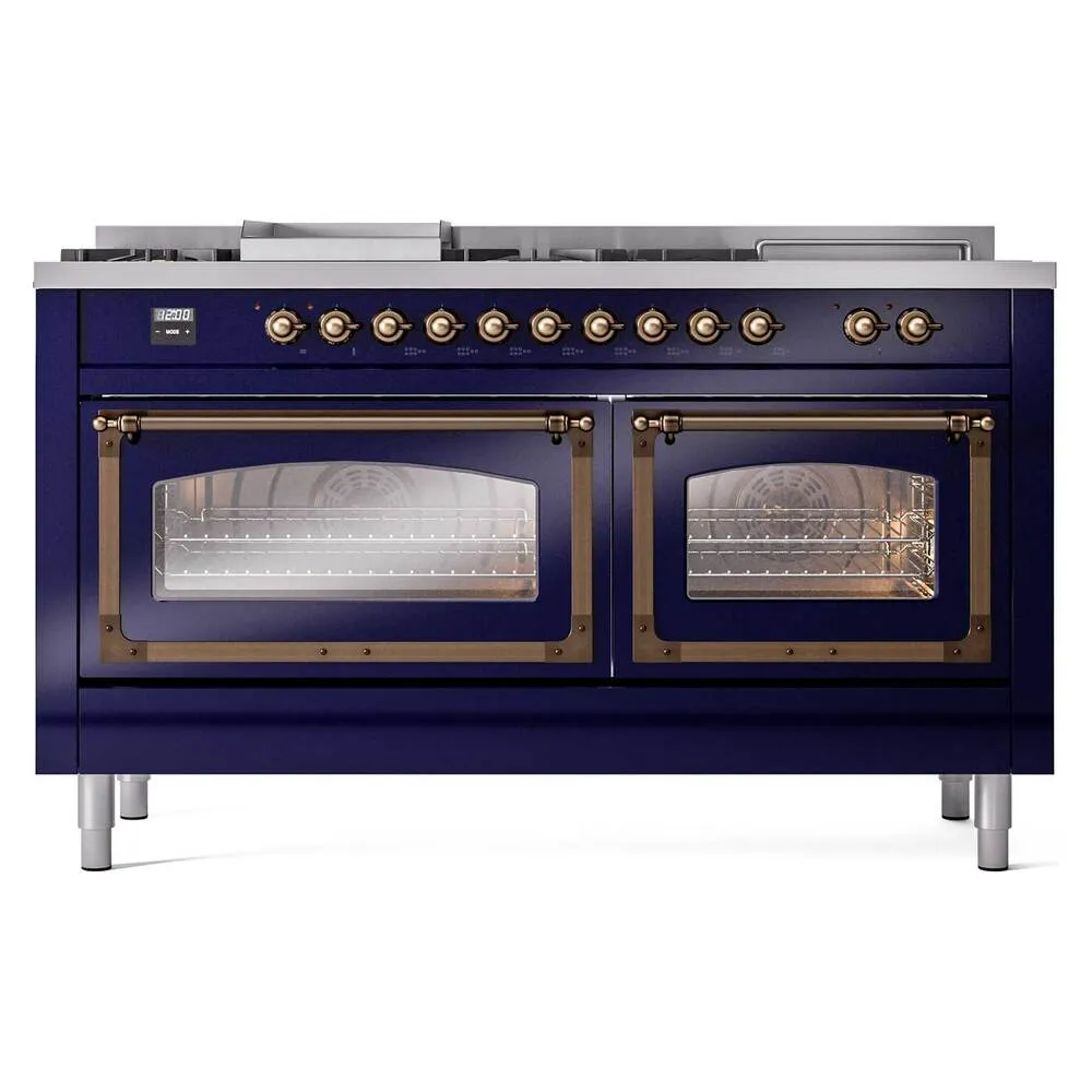 Ilve UN60FSNMPMBB Ilve Un60Fsnmpmbb Nostalgie Ii Noblesse 60" Dual Fuel Range (7 Sealed Burners   Griddle   French Top, Natural Gas, Triple Glass Door, Midnight Blue, Burnished)
