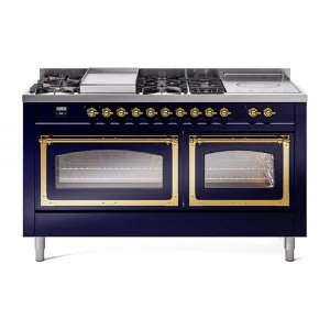Ilve UN60FSNMPMBGLP Ilve Un60Fsnmpmbglp Nostalgie Ii Noblesse 60" Dual Fuel Range (7 Sealed Burners   Griddle   French Top, Liquid Propane, Triple Glass Door, Midnight Blue, Brass)