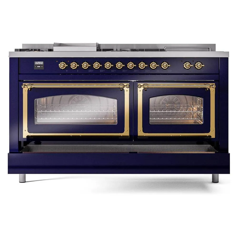 Ilve UN60FSNMPMBGLP Ilve Un60Fsnmpmbglp Nostalgie Ii Noblesse 60" Dual Fuel Range (7 Sealed Burners   Griddle   French Top, Liquid Propane, Triple Glass Door, Midnight Blue, Brass)