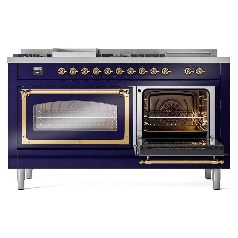 Ilve UN60FSNMPMBGLP Ilve Un60Fsnmpmbglp Nostalgie Ii Noblesse 60" Dual Fuel Range (7 Sealed Burners   Griddle   French Top, Liquid Propane, Triple Glass Door, Midnight Blue, Brass)