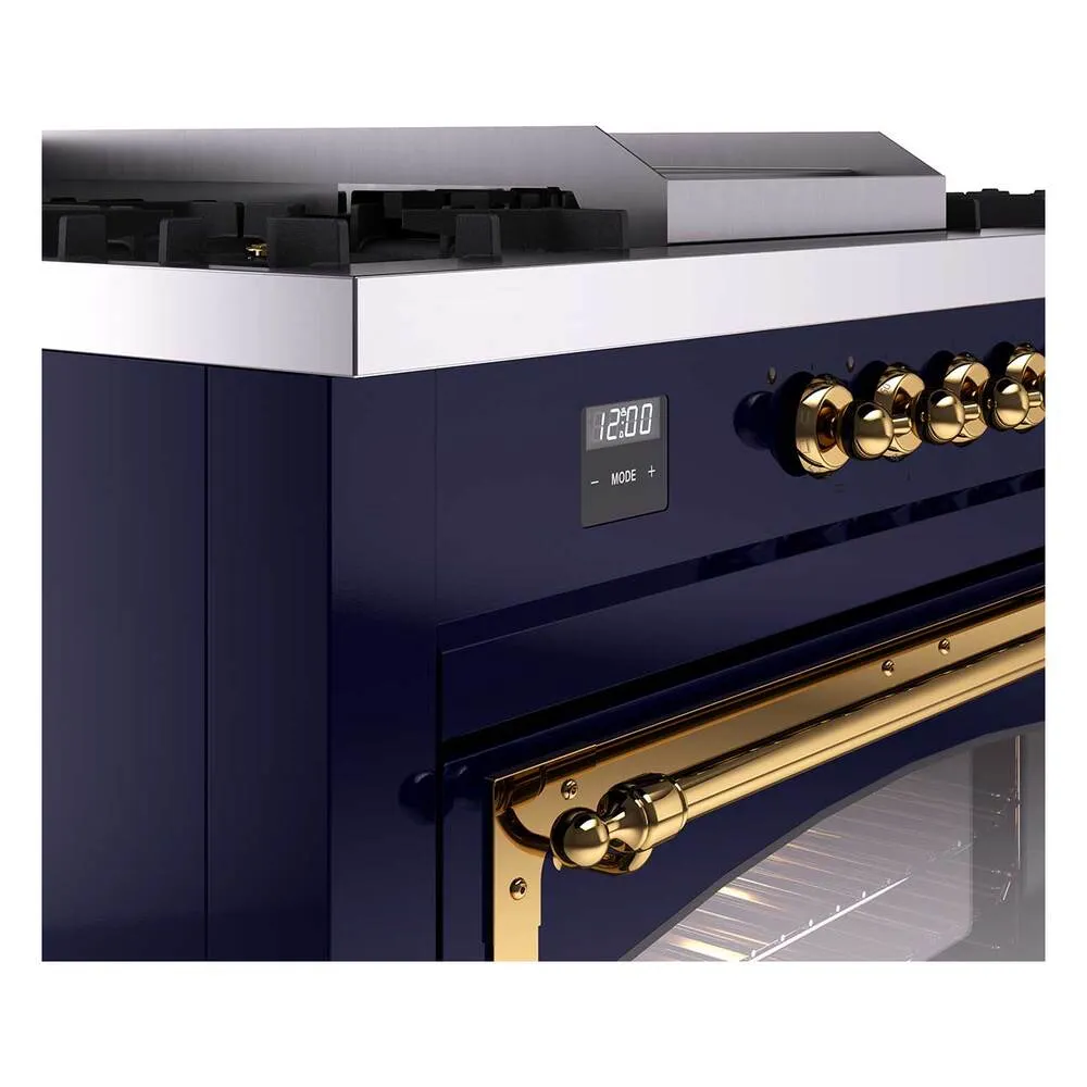 Ilve UN60FSNMPMBGLP Ilve Un60Fsnmpmbglp Nostalgie Ii Noblesse 60" Dual Fuel Range (7 Sealed Burners   Griddle   French Top, Liquid Propane, Triple Glass Door, Midnight Blue, Brass)