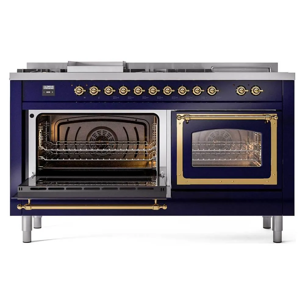Ilve UN60FSNMPMBGLP Ilve Un60Fsnmpmbglp Nostalgie Ii Noblesse 60" Dual Fuel Range (7 Sealed Burners   Griddle   French Top, Liquid Propane, Triple Glass Door, Midnight Blue, Brass)