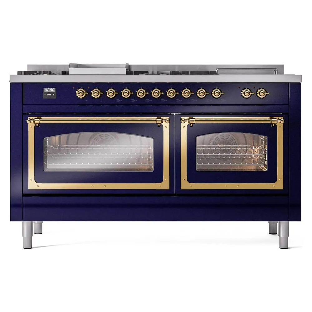Ilve UN60FSNMPMBGLP Ilve Un60Fsnmpmbglp Nostalgie Ii Noblesse 60" Dual Fuel Range (7 Sealed Burners   Griddle   French Top, Liquid Propane, Triple Glass Door, Midnight Blue, Brass)