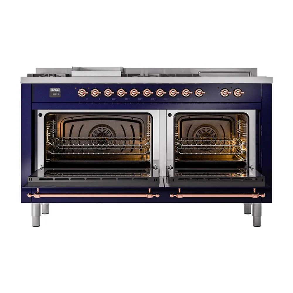 Ilve UN60FSNMPMBP Ilve Un60Fsnmpmbp Nostalgie Ii Noblesse 60" Dual Fuel Range (7 Sealed Burners   Griddle   French Top, Natural Gas, Triple Glass Door, Midnight Blue, Copper)