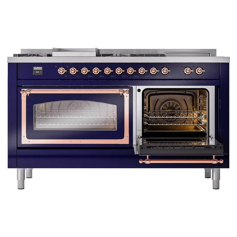 Ilve UN60FSNMPMBP Ilve Un60Fsnmpmbp Nostalgie Ii Noblesse 60" Dual Fuel Range (7 Sealed Burners   Griddle   French Top, Natural Gas, Triple Glass Door, Midnight Blue, Copper)