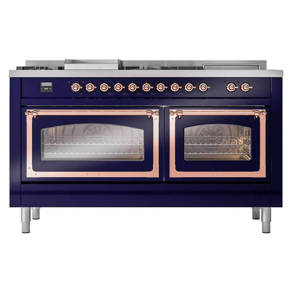 Ilve UN60FSNMPMBP Ilve Un60Fsnmpmbp Nostalgie Ii Noblesse 60" Dual Fuel Range (7 Sealed Burners   Griddle   French Top, Natural Gas, Triple Glass Door, Midnight Blue, Copper)