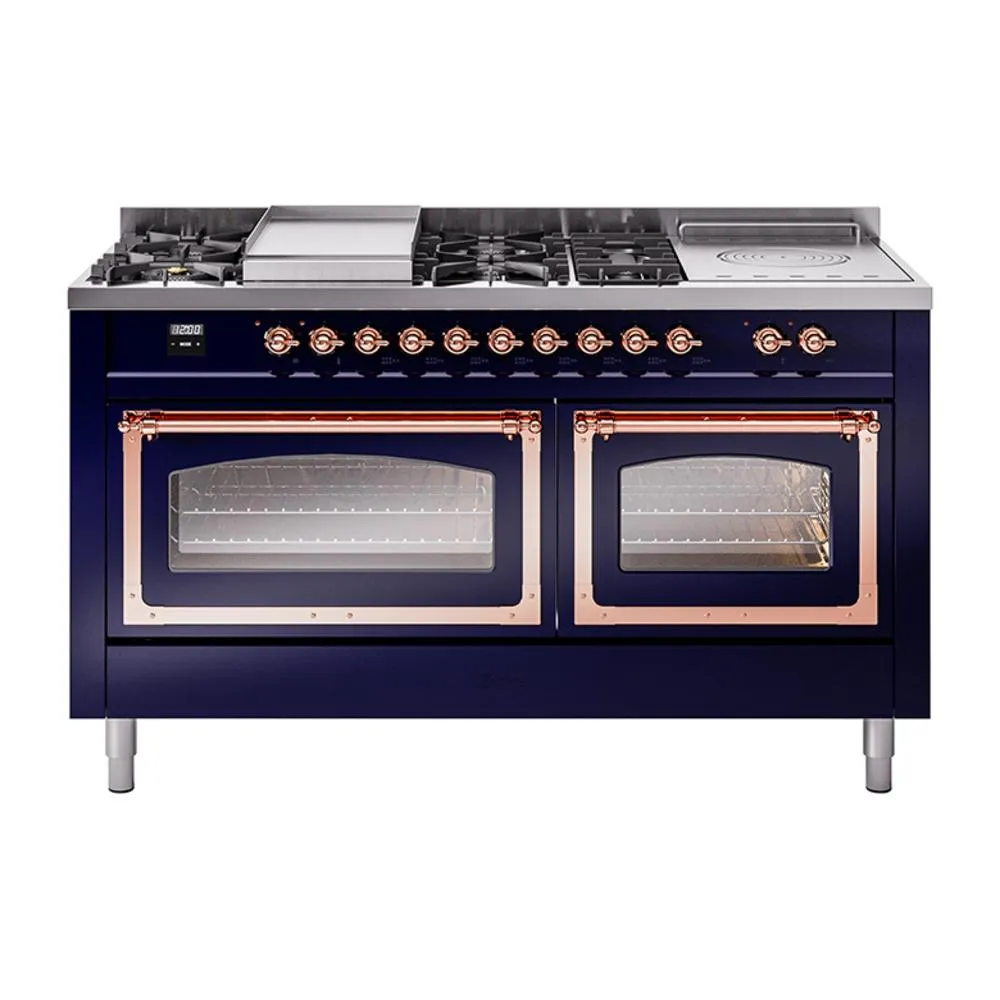 Ilve UN60FSNMPMBP Ilve Un60Fsnmpmbp Nostalgie Ii Noblesse 60" Dual Fuel Range (7 Sealed Burners   Griddle   French Top, Natural Gas, Triple Glass Door, Midnight Blue, Copper)