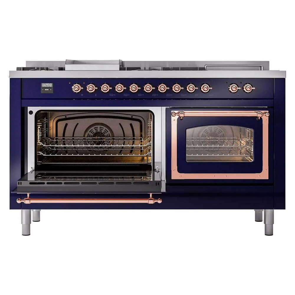 Ilve UN60FSNMPMBP Ilve Un60Fsnmpmbp Nostalgie Ii Noblesse 60" Dual Fuel Range (7 Sealed Burners   Griddle   French Top, Natural Gas, Triple Glass Door, Midnight Blue, Copper)