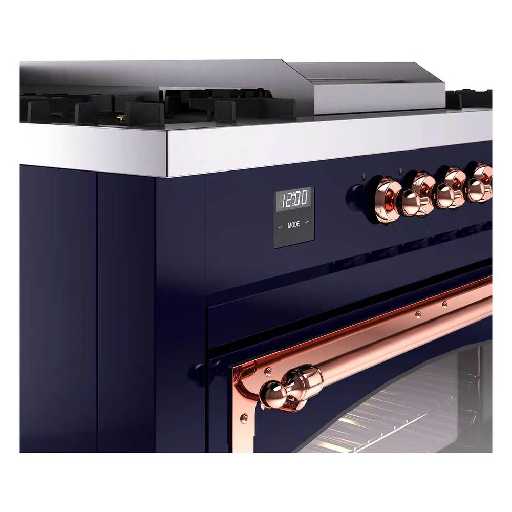 Ilve UN60FSNMPMBP Ilve Un60Fsnmpmbp Nostalgie Ii Noblesse 60" Dual Fuel Range (7 Sealed Burners   Griddle   French Top, Natural Gas, Triple Glass Door, Midnight Blue, Copper)