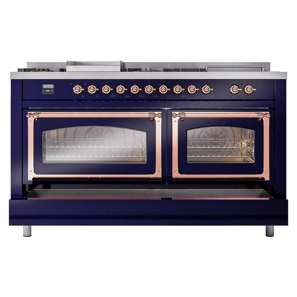 Ilve UN60FSNMPMBP Ilve Un60Fsnmpmbp Nostalgie Ii Noblesse 60" Dual Fuel Range (7 Sealed Burners   Griddle   French Top, Natural Gas, Triple Glass Door, Midnight Blue, Copper)