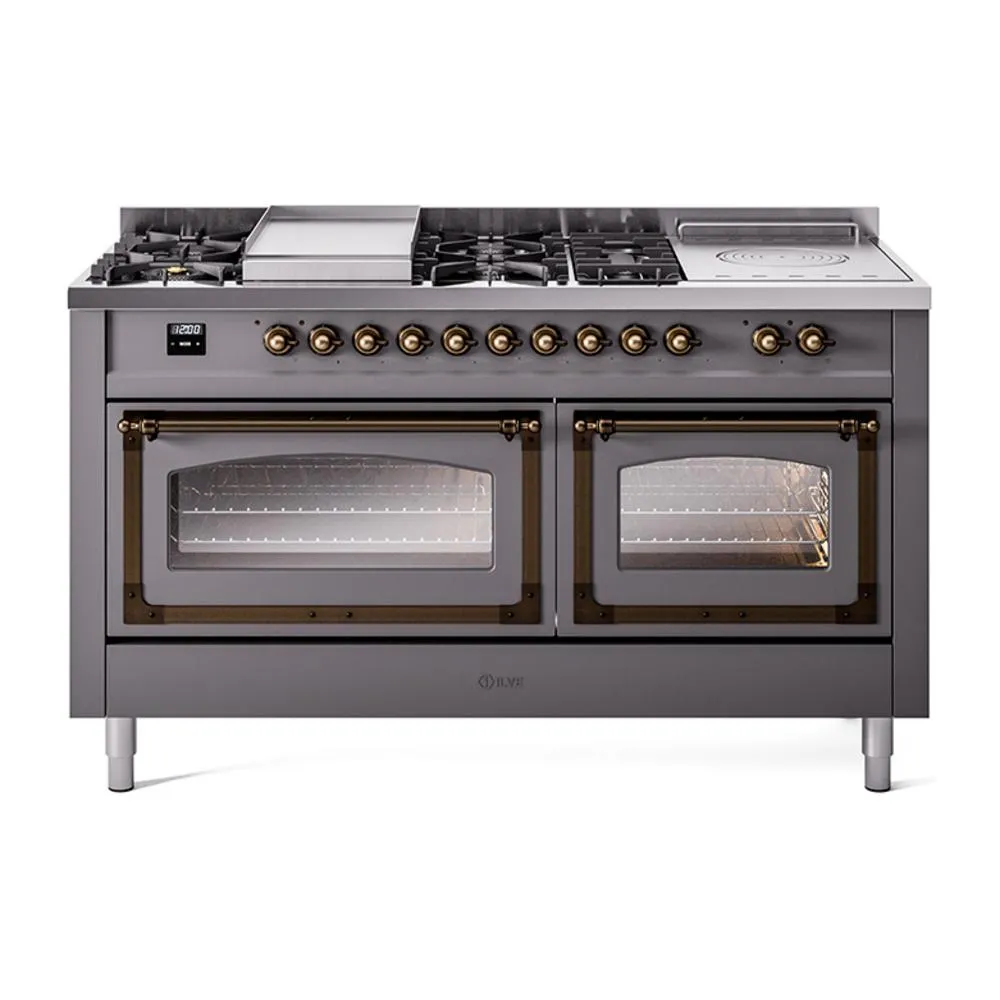 Ilve UN60FSNMPMGBLP Ilve Un60Fsnmpmgblp Nostalgie Ii Noblesse 60" Dual Fuel Range (7 Sealed Burners   Griddle   French Top, Liquid Propane, Triple Glass Door, Graphite Matte, Burnished)